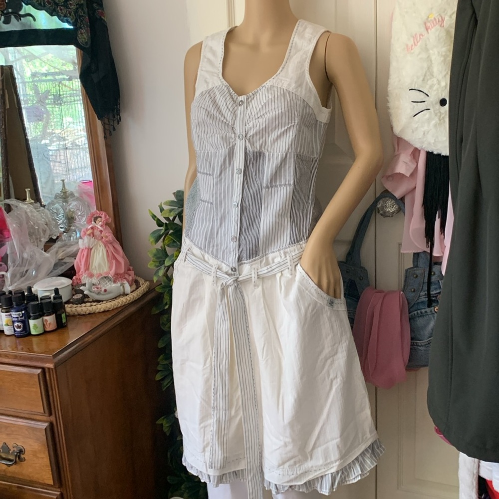 Vintage 90s drop waist White black Sleeveless cotton Dress S